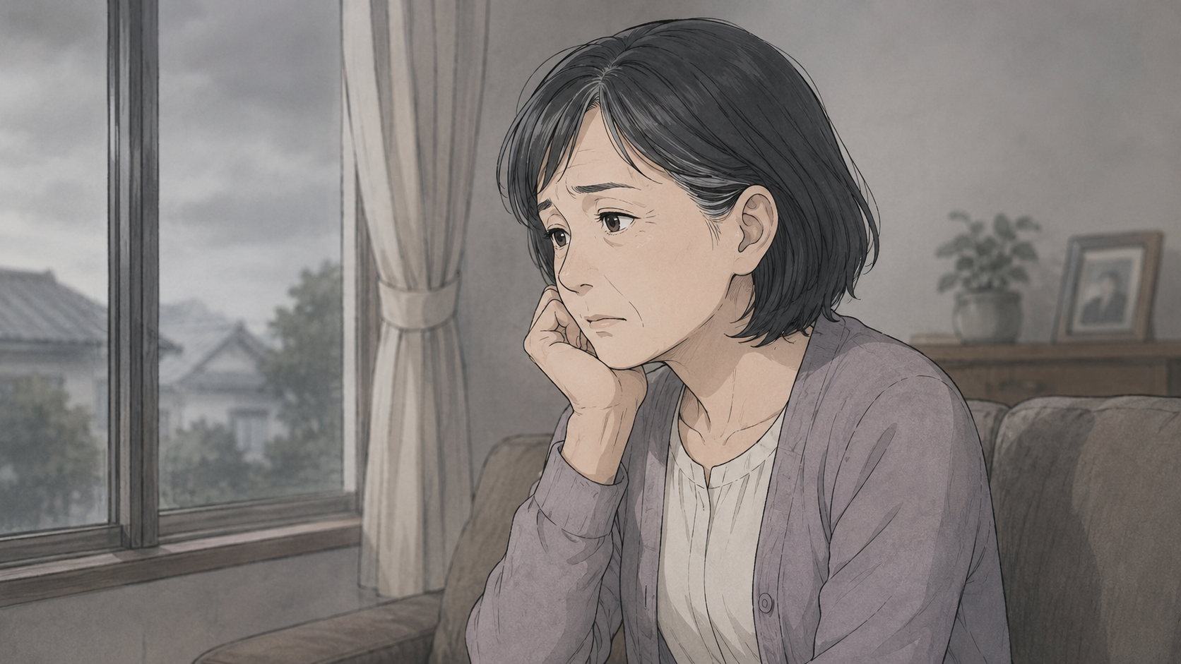 窓の外を見つめ、物思いにふける佐藤さん