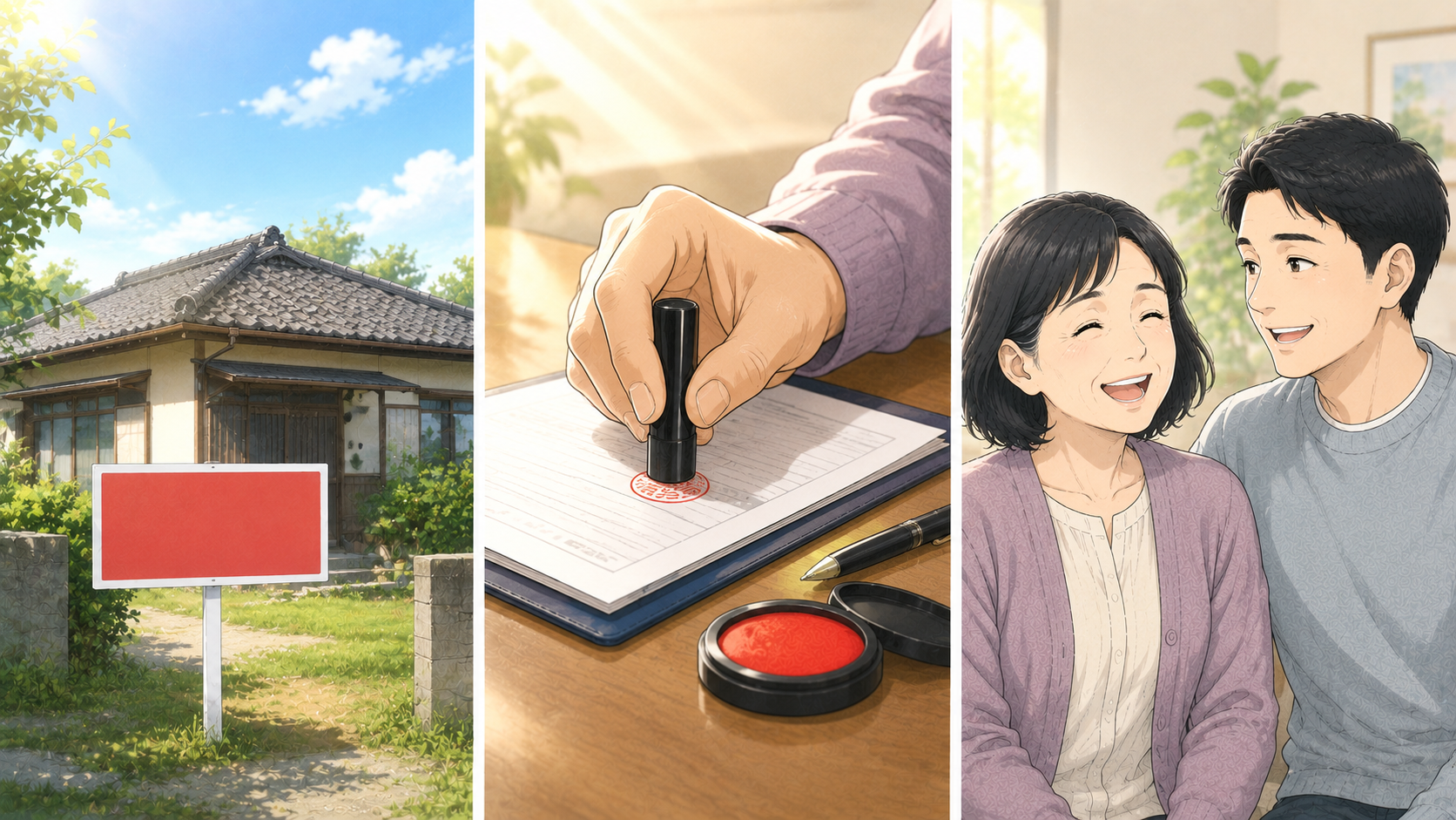 売却完了した家、登記のハンコ、笑顔の佐藤さんと息子