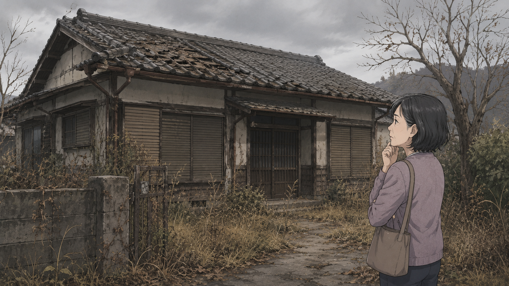 荒れ果てた実家を前に立ち尽くす佐藤さん