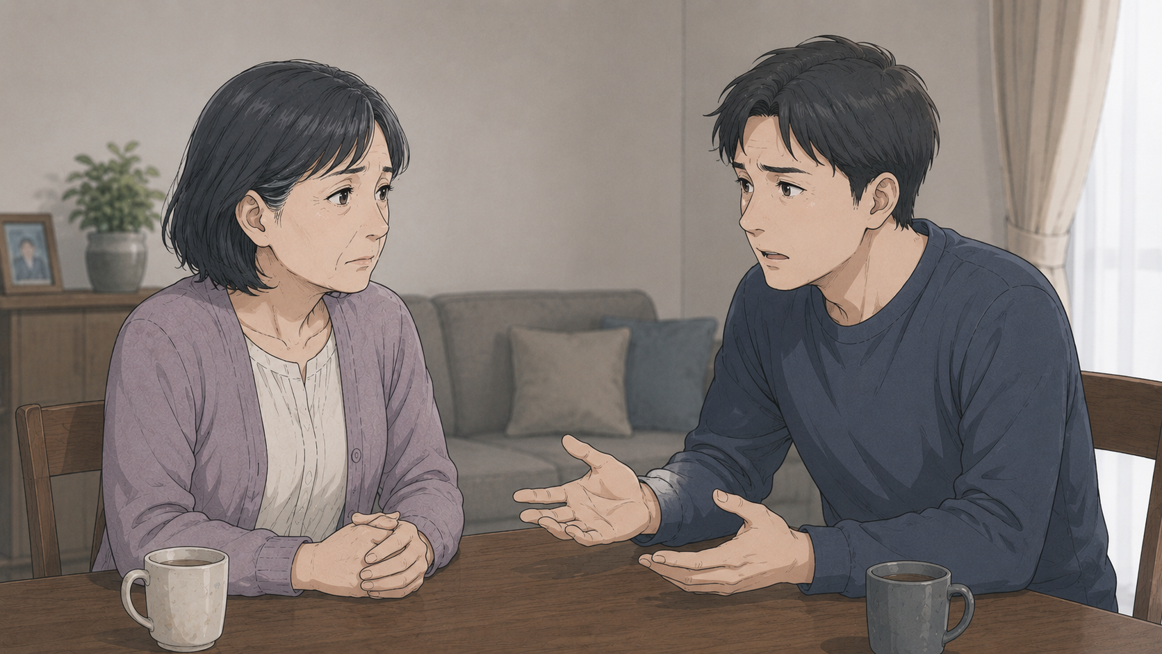 リビングで向かい合って話す佐藤さんと息子