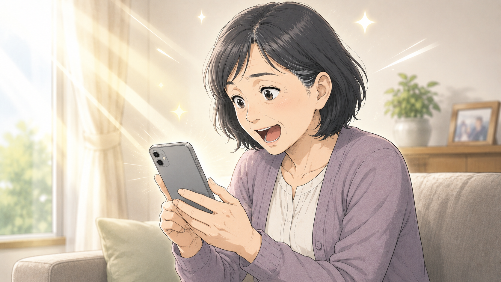 スマホで検索し、表情が明るくなる佐藤さん
