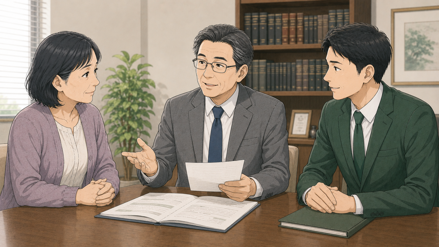 顧問弁護士が書類を見せながら説明、玄風スタッフも同席